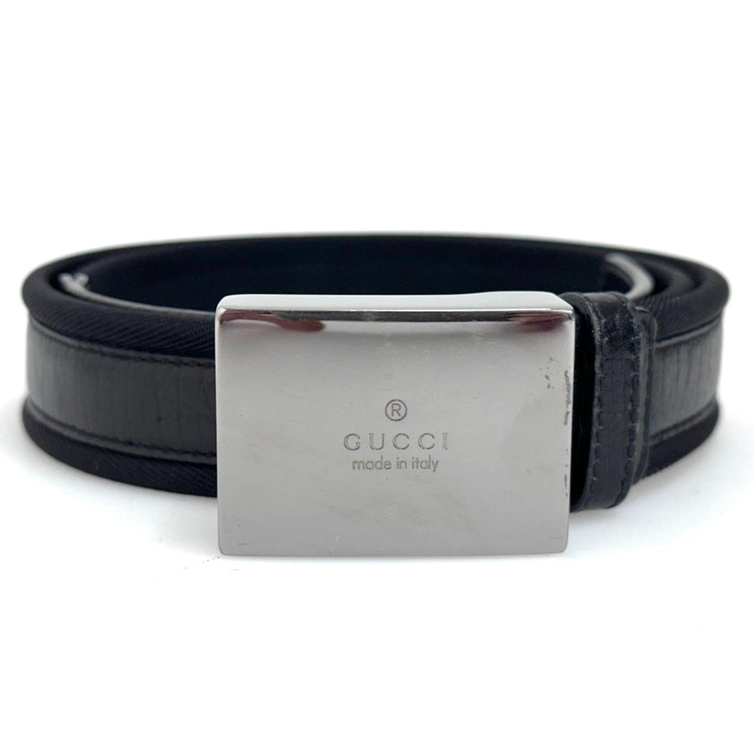 Gucci cintura in pelle e tela nera con fibbia argento Mis. 80