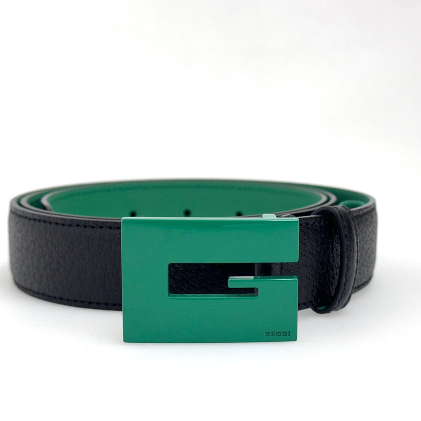 Gucci cintura in pelle nera con fibbia G verde – 112 cm