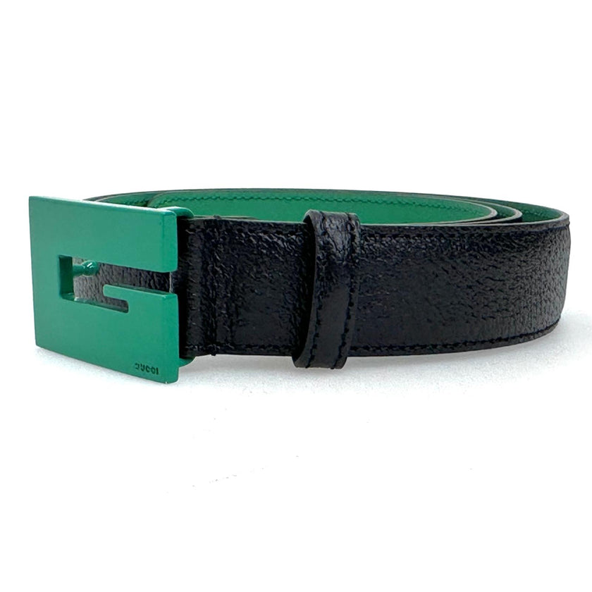 Gucci cintura in pelle nera con fibbia G verde – 112 cm