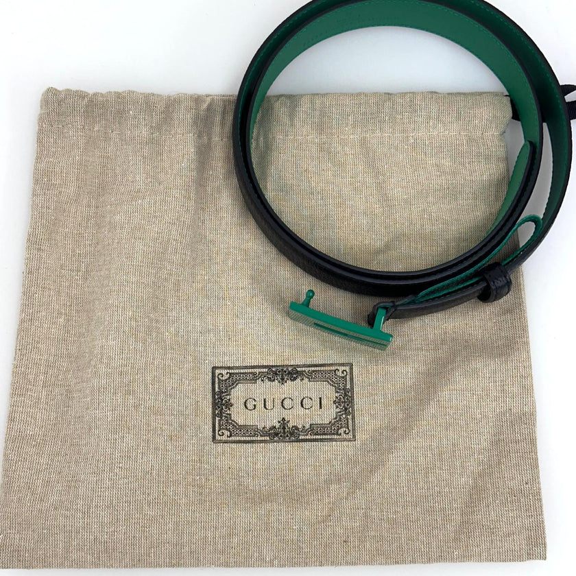 Gucci cintura in pelle nera con fibbia G verde – 112 cm