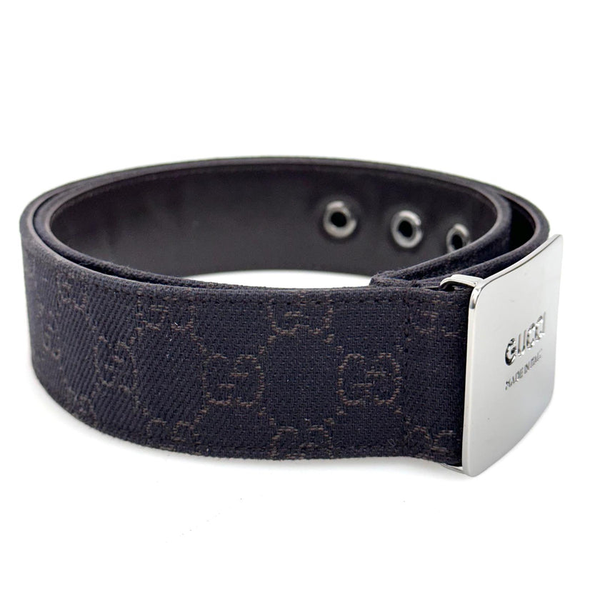 Gucci cintura in tela GG marrone con fibbia logo argento Mis. 80