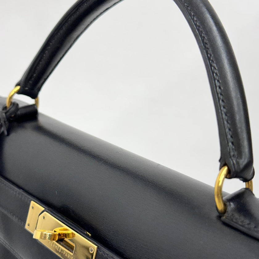 Hermès Borsa Kelly 32 a mano Box Calf nera hardware oro Sellier 1994 ○X