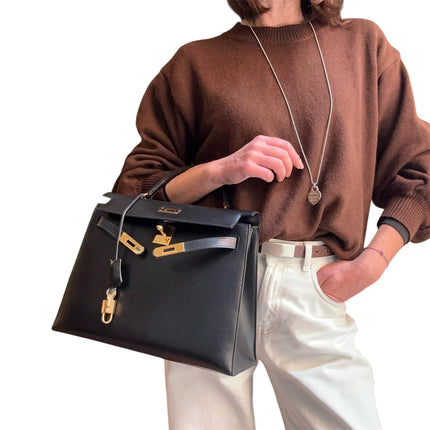 Hermès Borsa Kelly 32 a mano Box Calf nera hardware oro Sellier 1994 ○X