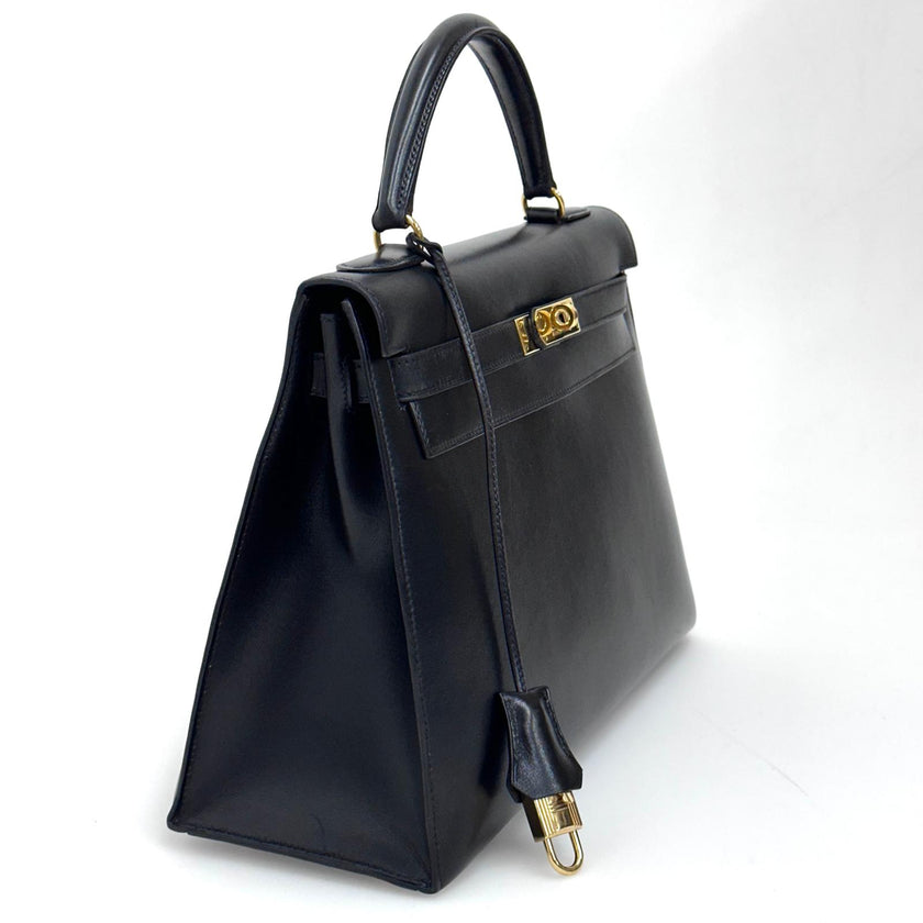 Hermès Borsa Kelly 32 a mano Box Calf nera hardware oro Sellier 1994 ○X