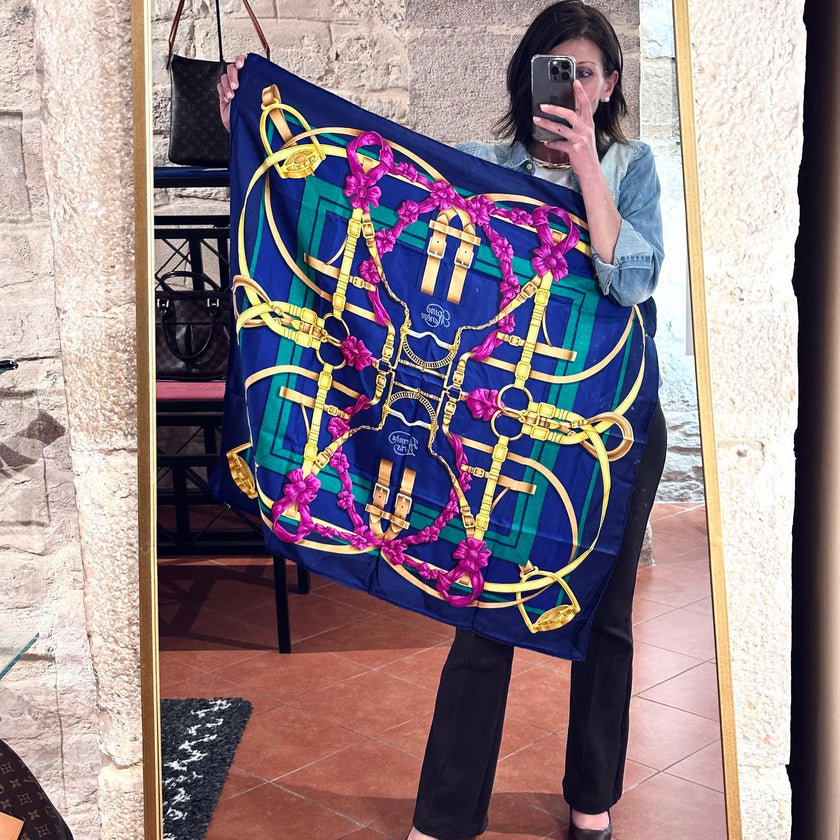 Hermès Foulard Paris Grand Manège carré 90 seta blu multicolor