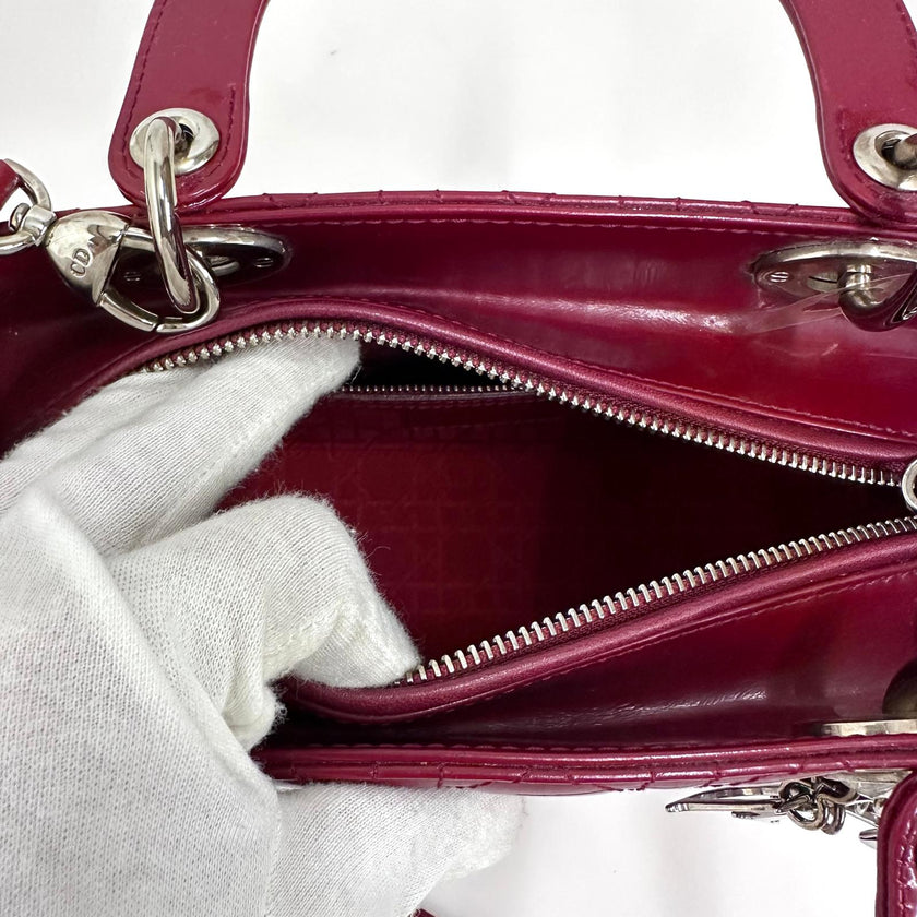 Lady Dior Borsa Media Vernice Rosso Bordeaux con Tracolla