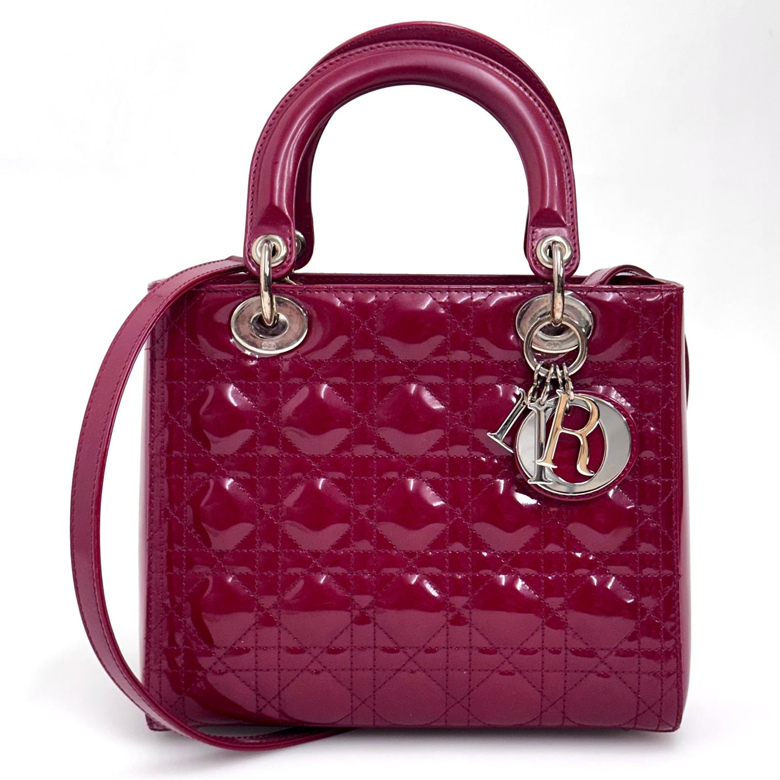Lady Dior Borsa Media Vernice Rosso Bordeaux con Tracolla