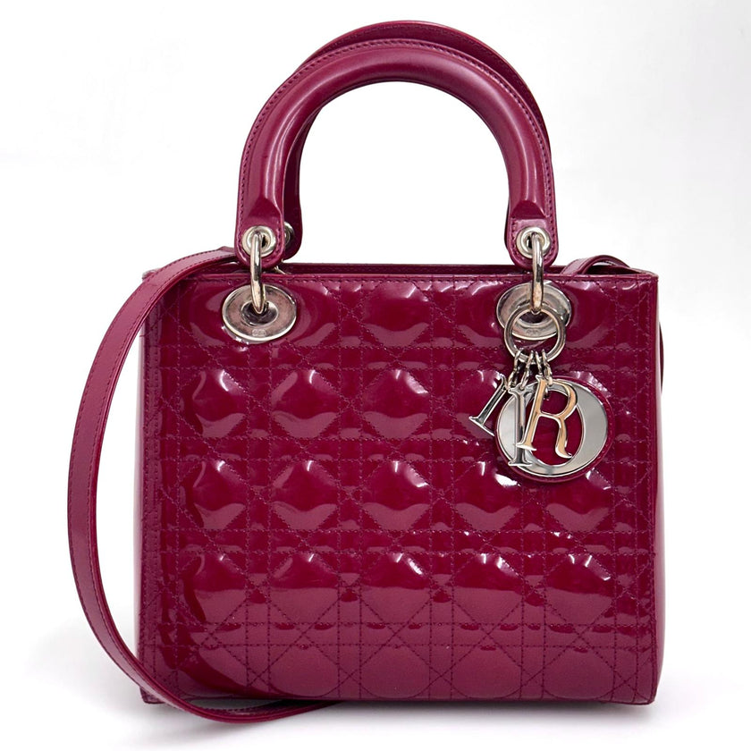 Lady Dior Borsa Media Vernice Rosso Bordeaux con Tracolla