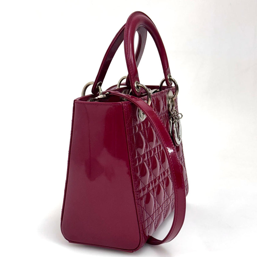 Lady Dior Borsa Media Vernice Rosso Bordeaux con Tracolla