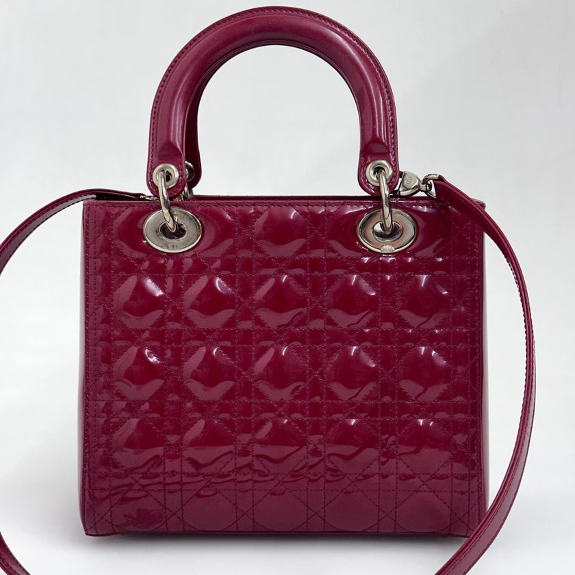 Lady Dior Borsa Media Vernice Rosso Bordeaux con Tracolla
