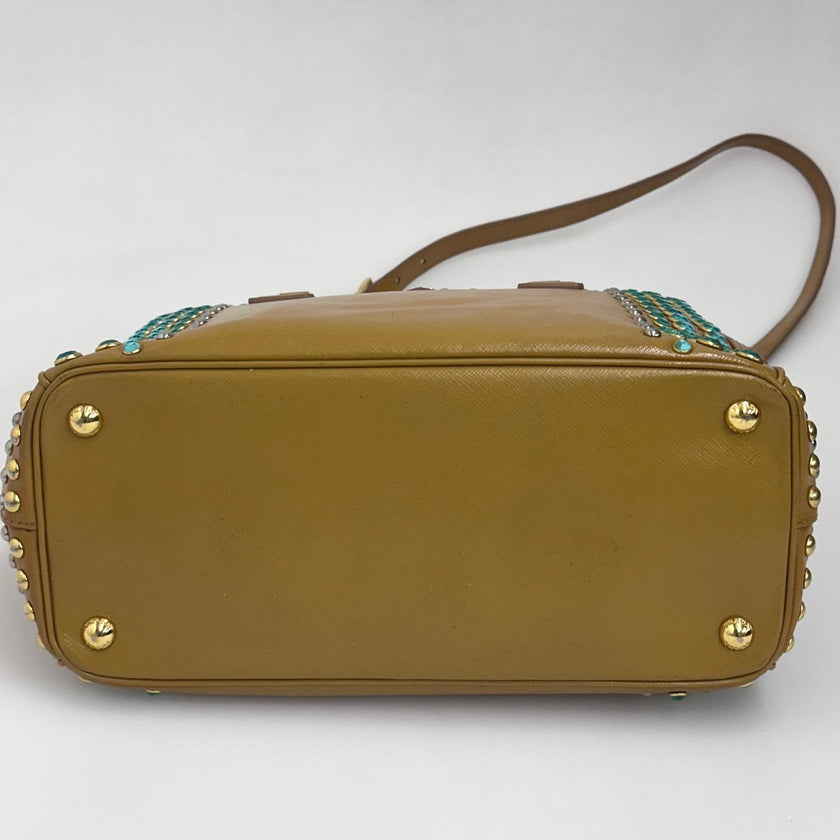 Prada Borsa Galleria Media Saffiano Vernice Cammeo con Cristalli Turchesi