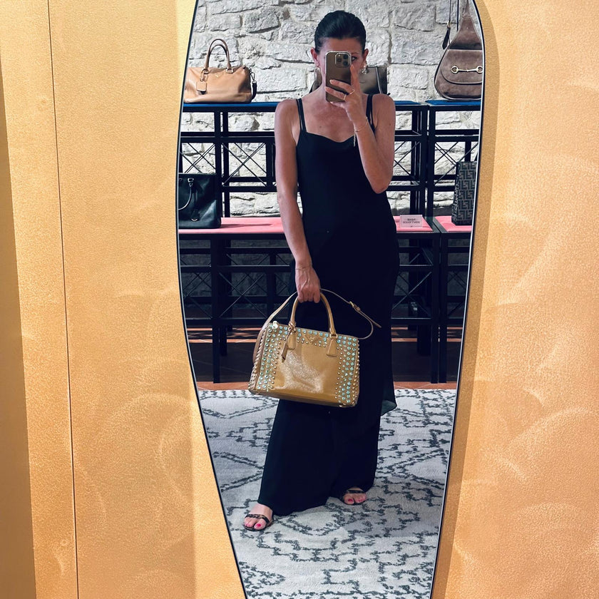 Prada Borsa Galleria Media Saffiano Vernice Cammeo con Cristalli Turchesi