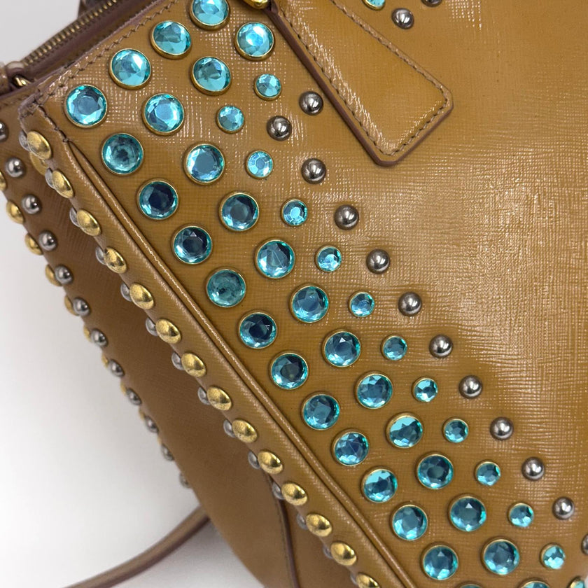 Prada Borsa Galleria Media Saffiano Vernice Cammeo con Cristalli Turchesi
