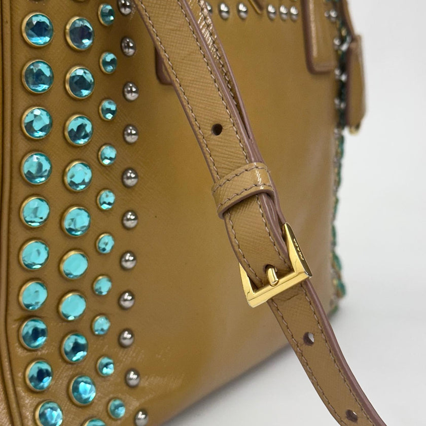 Prada Borsa Galleria Media Saffiano Vernice Cammeo con Cristalli Turchesi