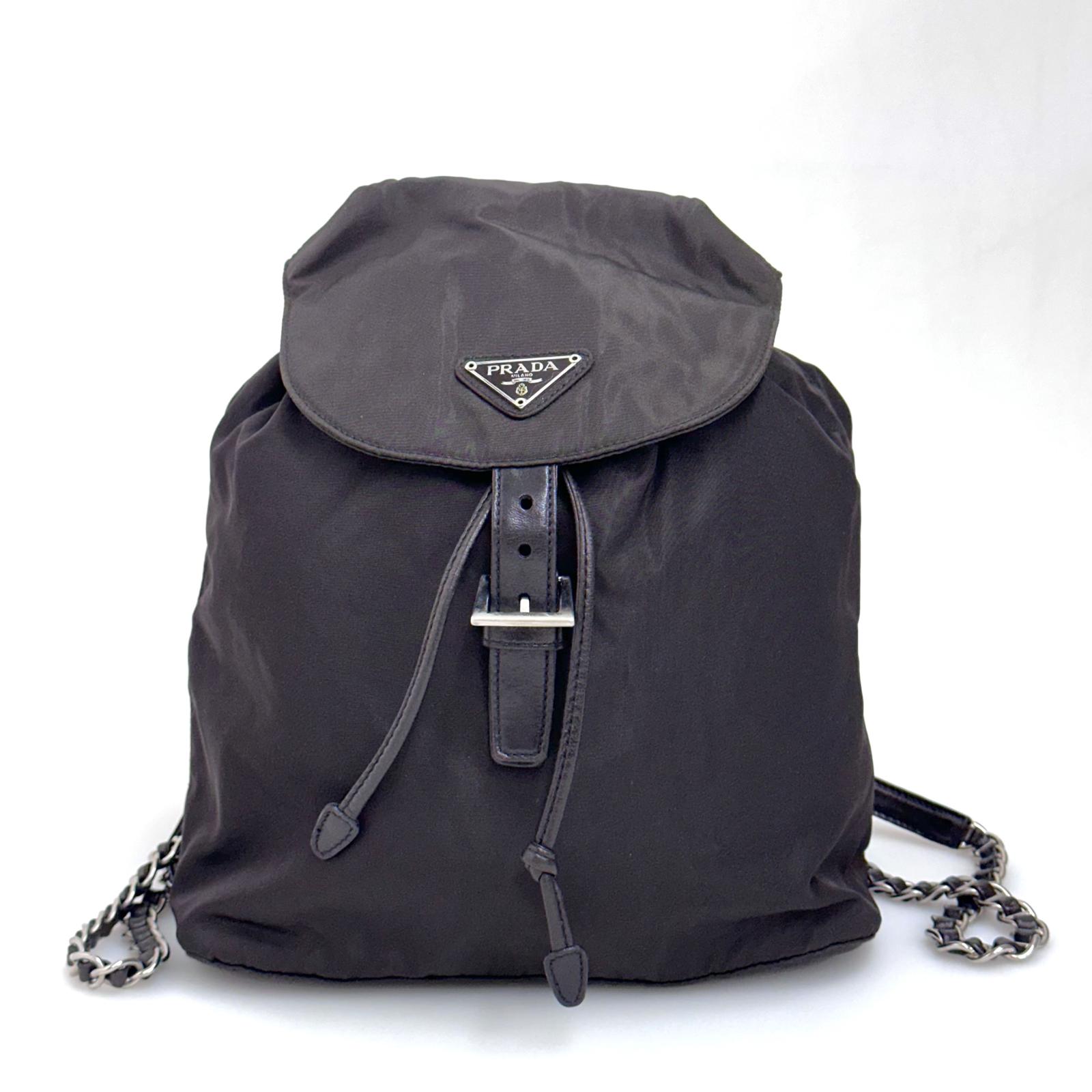 Prada Borsa Zaino Tessuto Nylon Ebano con Catene