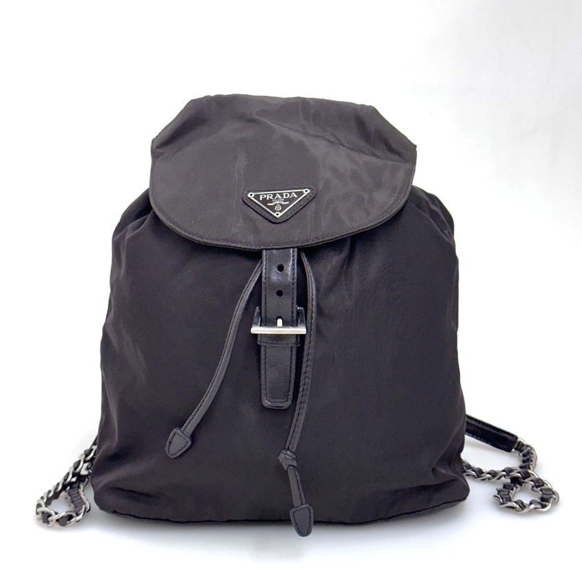 Prada Borsa Zaino Tessuto Nylon Ebano con Catene