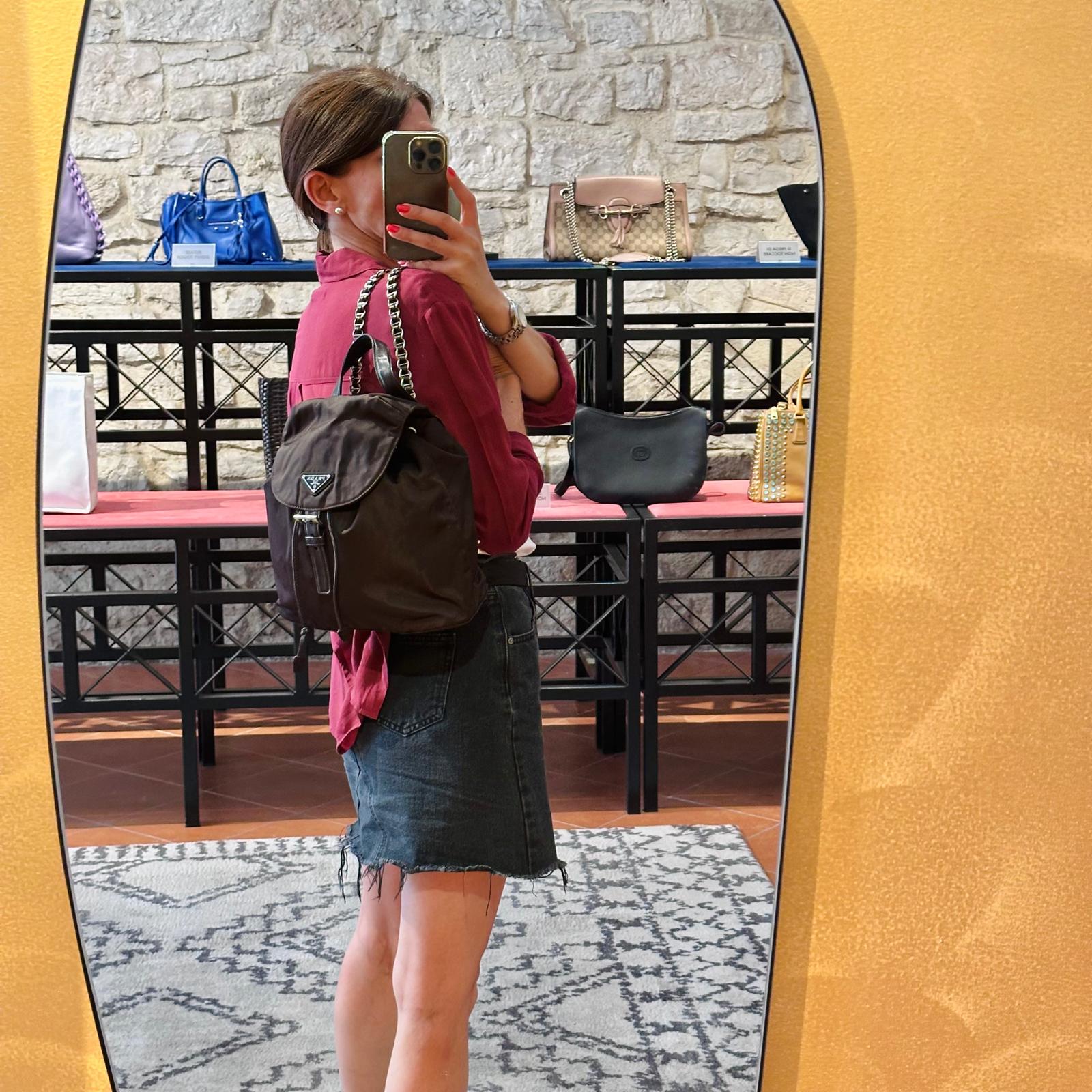 Prada Borsa Zaino Tessuto Nylon Ebano con Catene