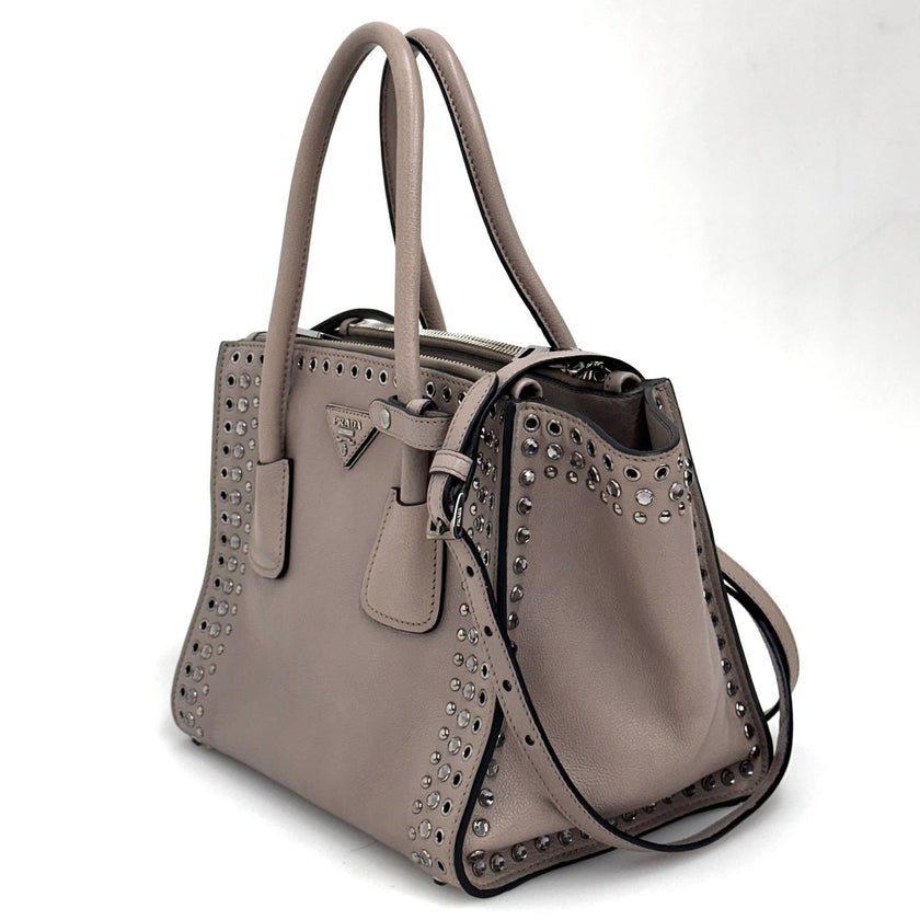 Prada borsa Twin Tote in Pelle Tortora con borchie