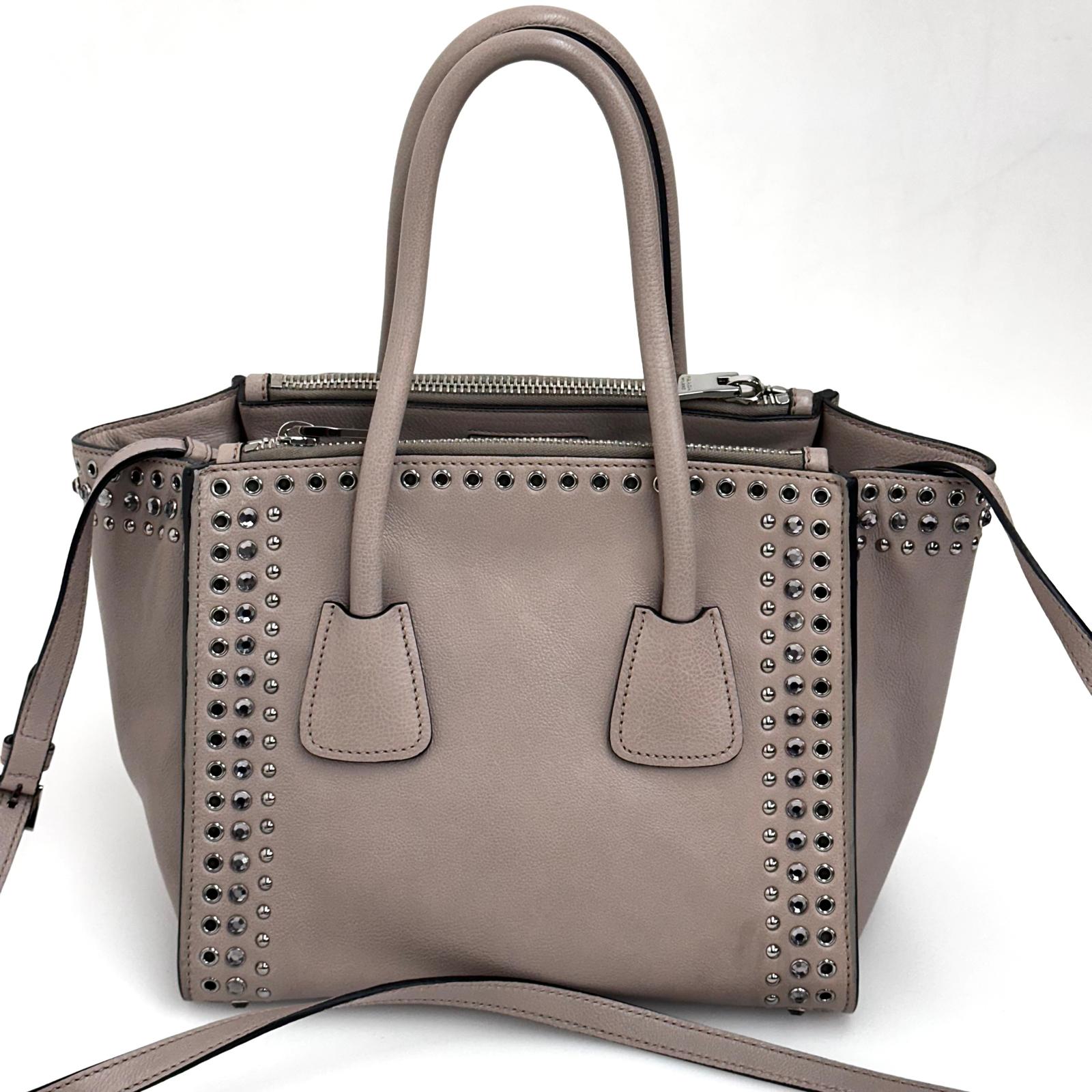 Prada borsa Twin Tote in Pelle Tortora con borchie