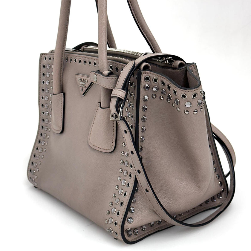 Prada borsa Twin Tote in Pelle Tortora con borchie
