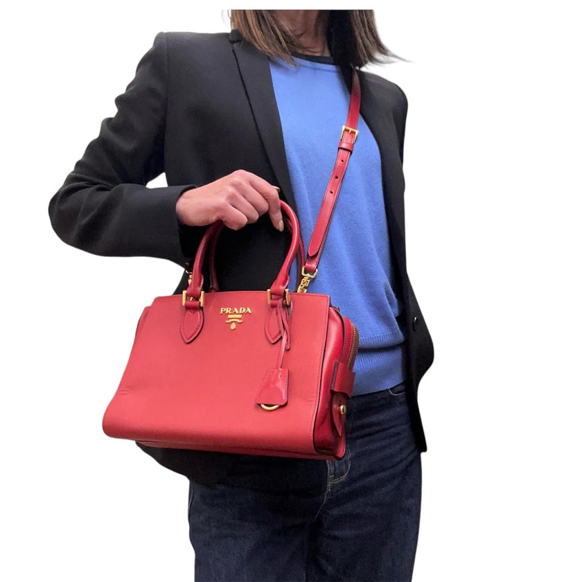 Prada borsa a mano Soft Calf Saffiano Fuoco con tracolla