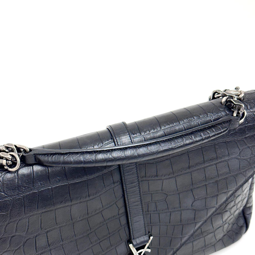 Saint Laurent Borsa College Large in pelle stampa cocco nera con catena argento