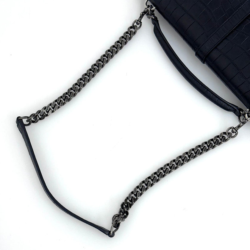 Saint Laurent Borsa College Large in pelle stampa cocco nera con catena argento