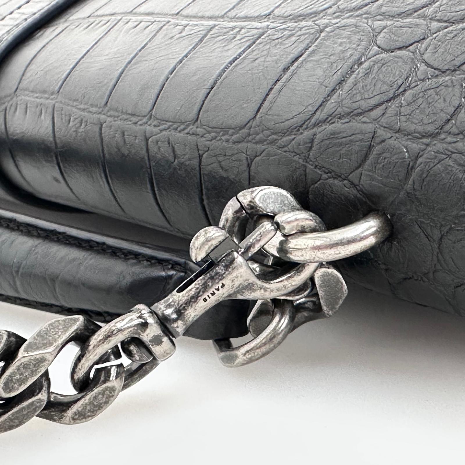 Saint Laurent Borsa College Large in pelle stampa cocco nera con catena argento