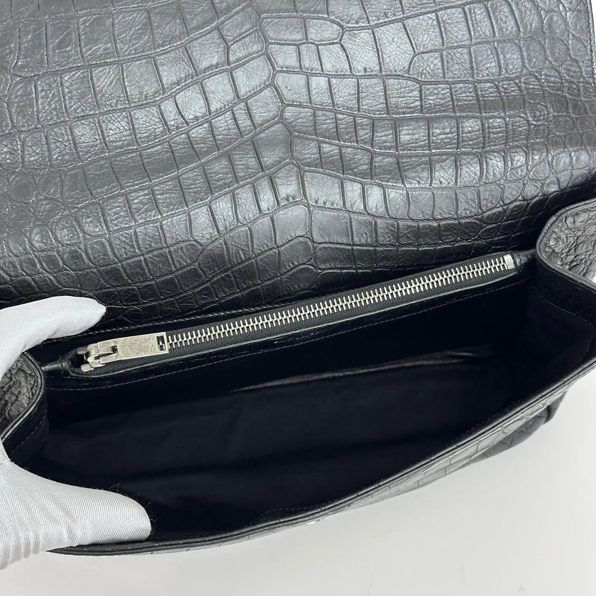 Saint Laurent Borsa College Large in pelle stampa cocco nera con catena argento