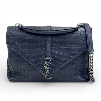 Saint Laurent Borsa College Large in pelle stampa cocco nera con catena argento