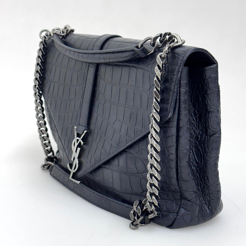 Saint Laurent Borsa College Large in pelle stampa cocco nera con catena argento