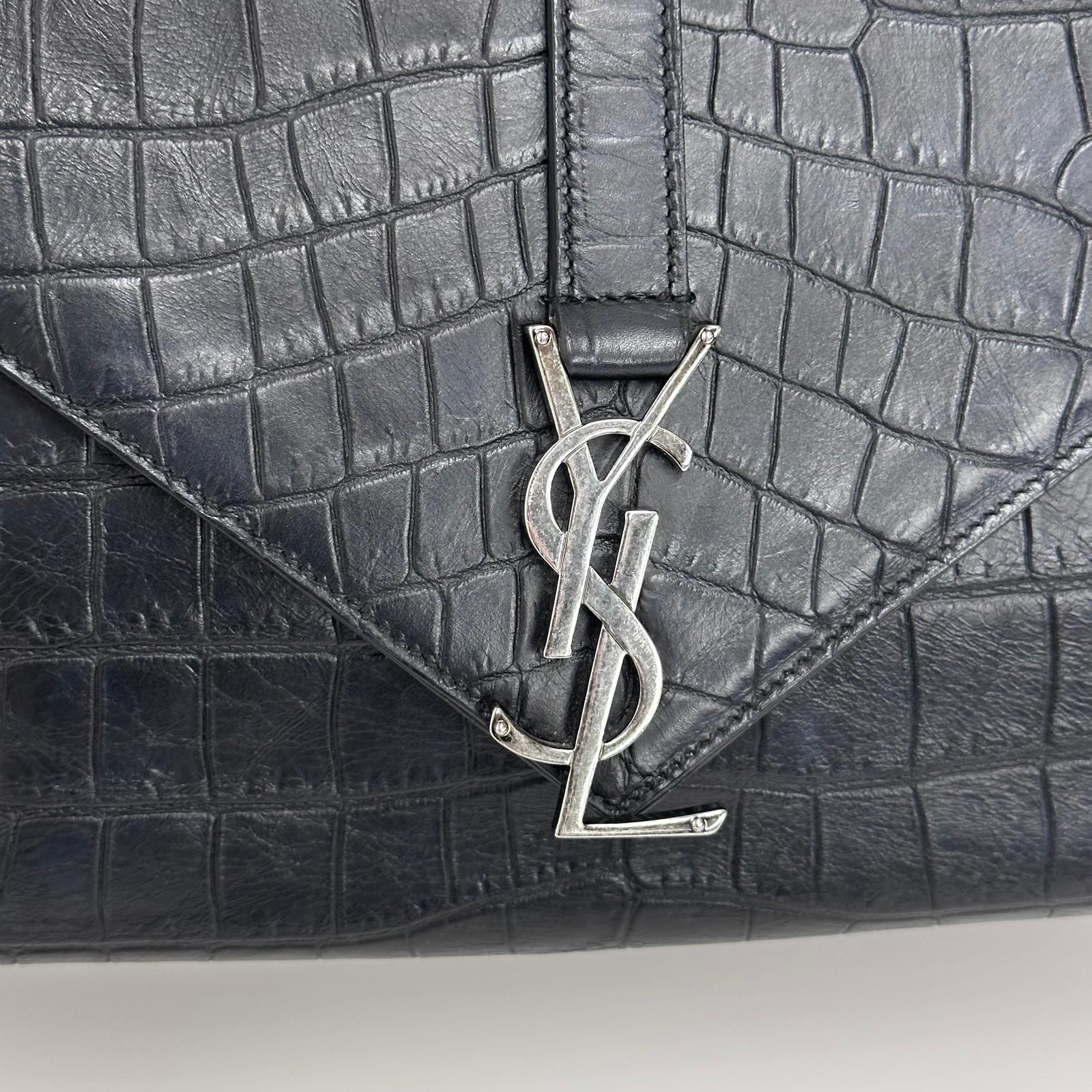 Saint Laurent Borsa College Large in pelle stampa cocco nera con catena argento