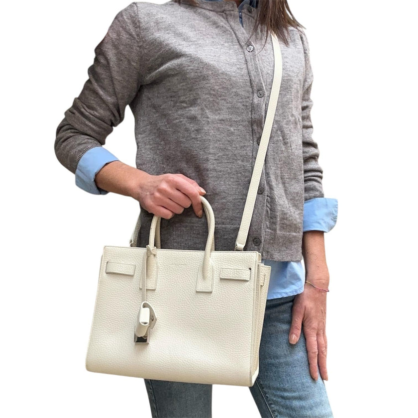 Saint Laurent Borsa Sac de Jour Baby in pelle martellata bianca