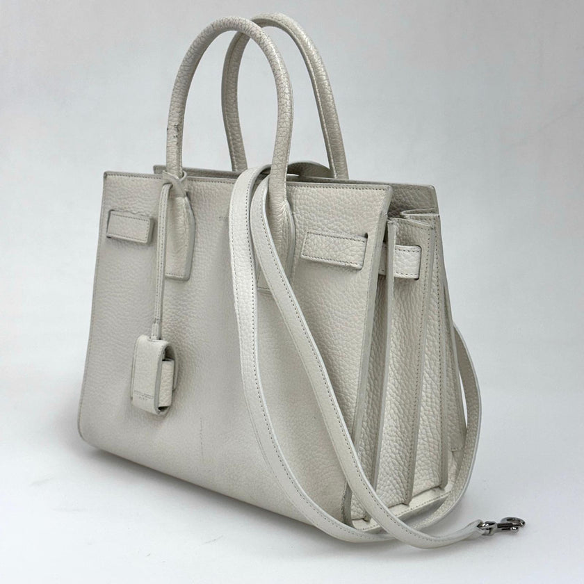 Saint Laurent Borsa Sac de Jour Baby in pelle martellata bianca