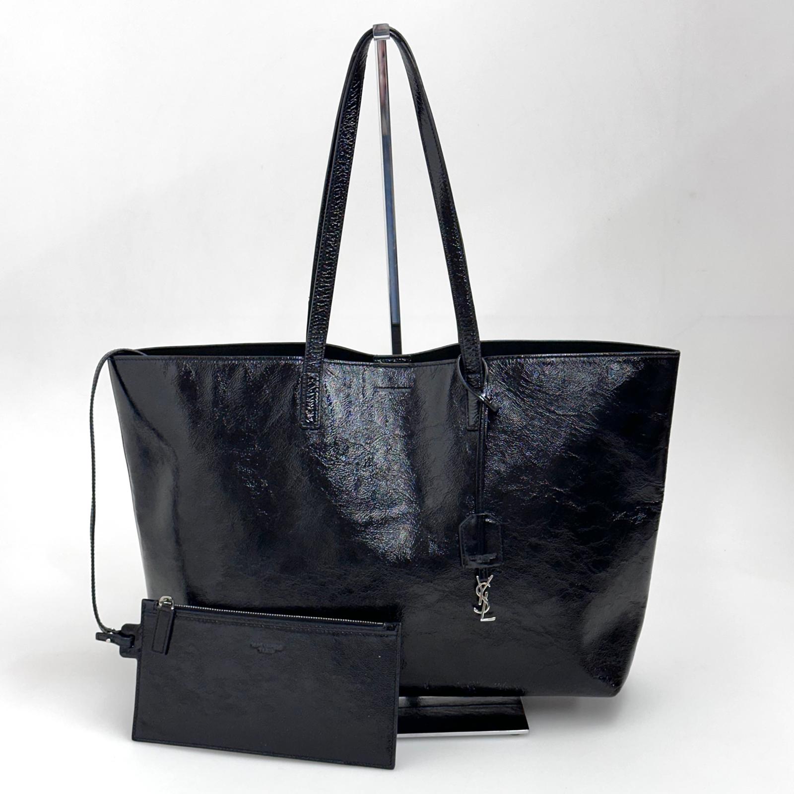 Saint Laurent Borsa a Spalla Shopping Tote in Pelle Verniciata Nera
