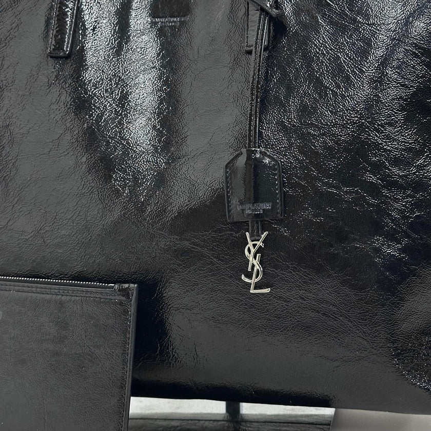 Saint Laurent Borsa a Spalla Shopping Tote in Pelle Verniciata Nera