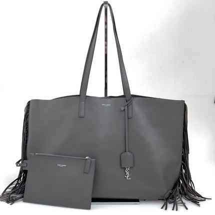 Saint Laurent Borsa a spalla Shopping in pelle grigia con frange e pochette removibile