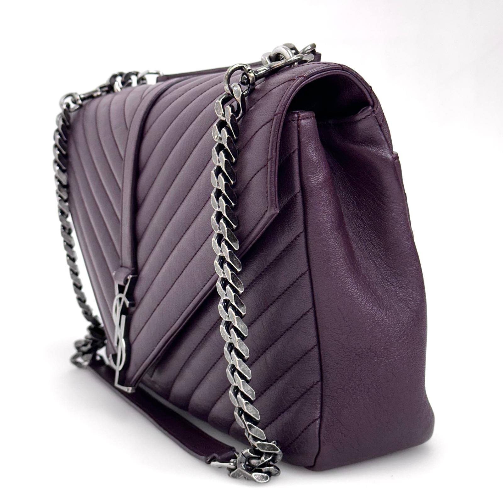 Saint Laurent College Large in Pelle Chevron Bordeaux con Hardware Silver