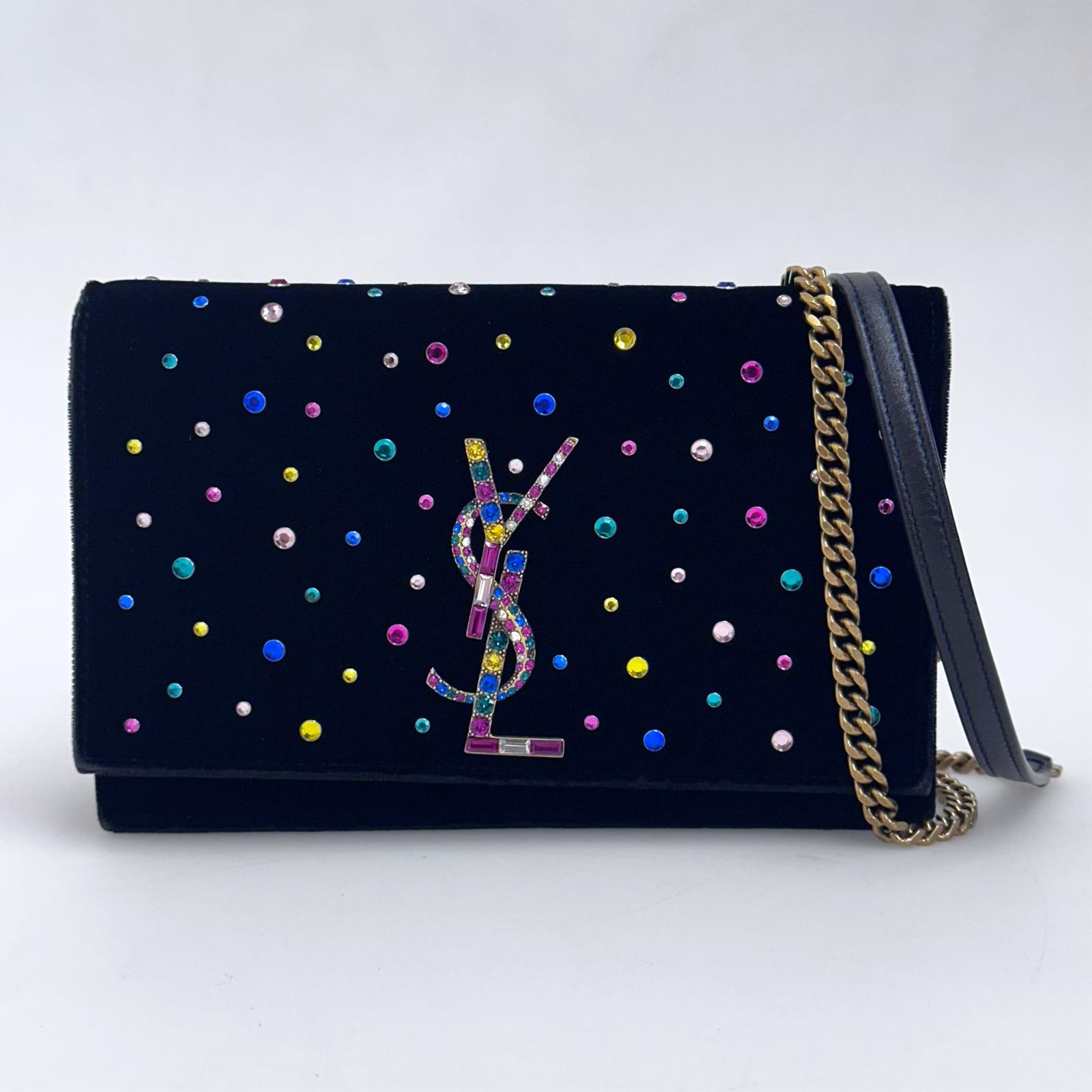 Saint Laurent Borsa Kate in velluto nero con strass multicolor