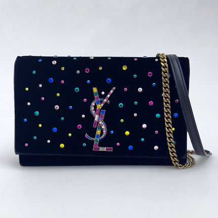 Saint Laurent Borsa Kate in velluto nero con strass multicolor