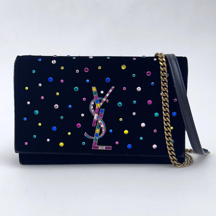 Saint Laurent Borsa Kate in velluto nero con strass multicolor