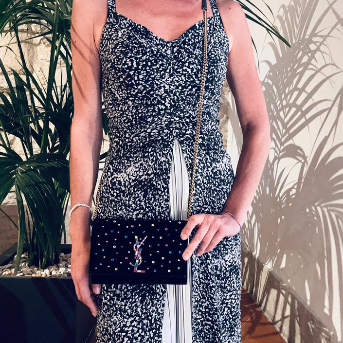Saint Laurent Borsa Kate in velluto nero con strass multicolor