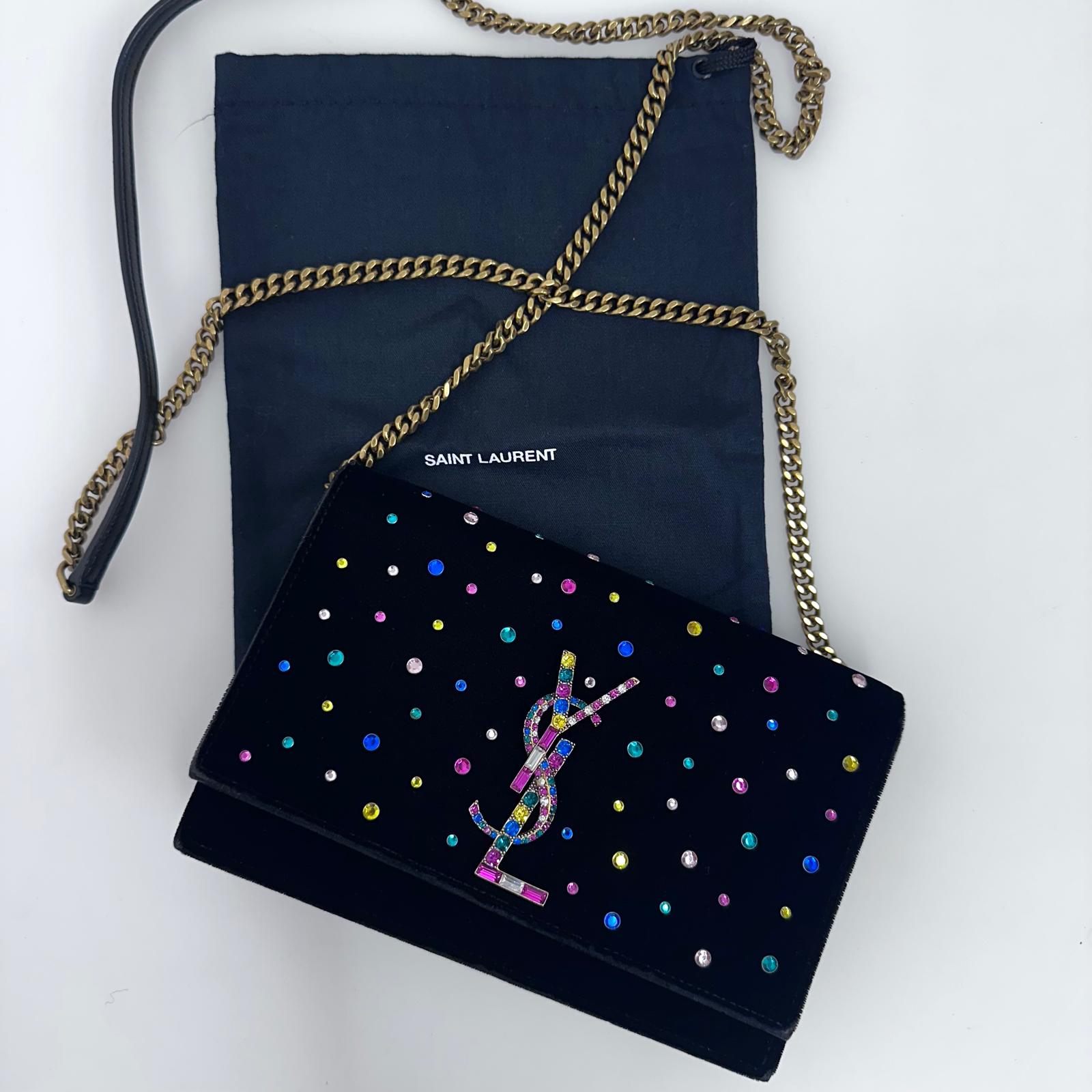 Saint Laurent Borsa Kate in velluto nero con strass multicolor