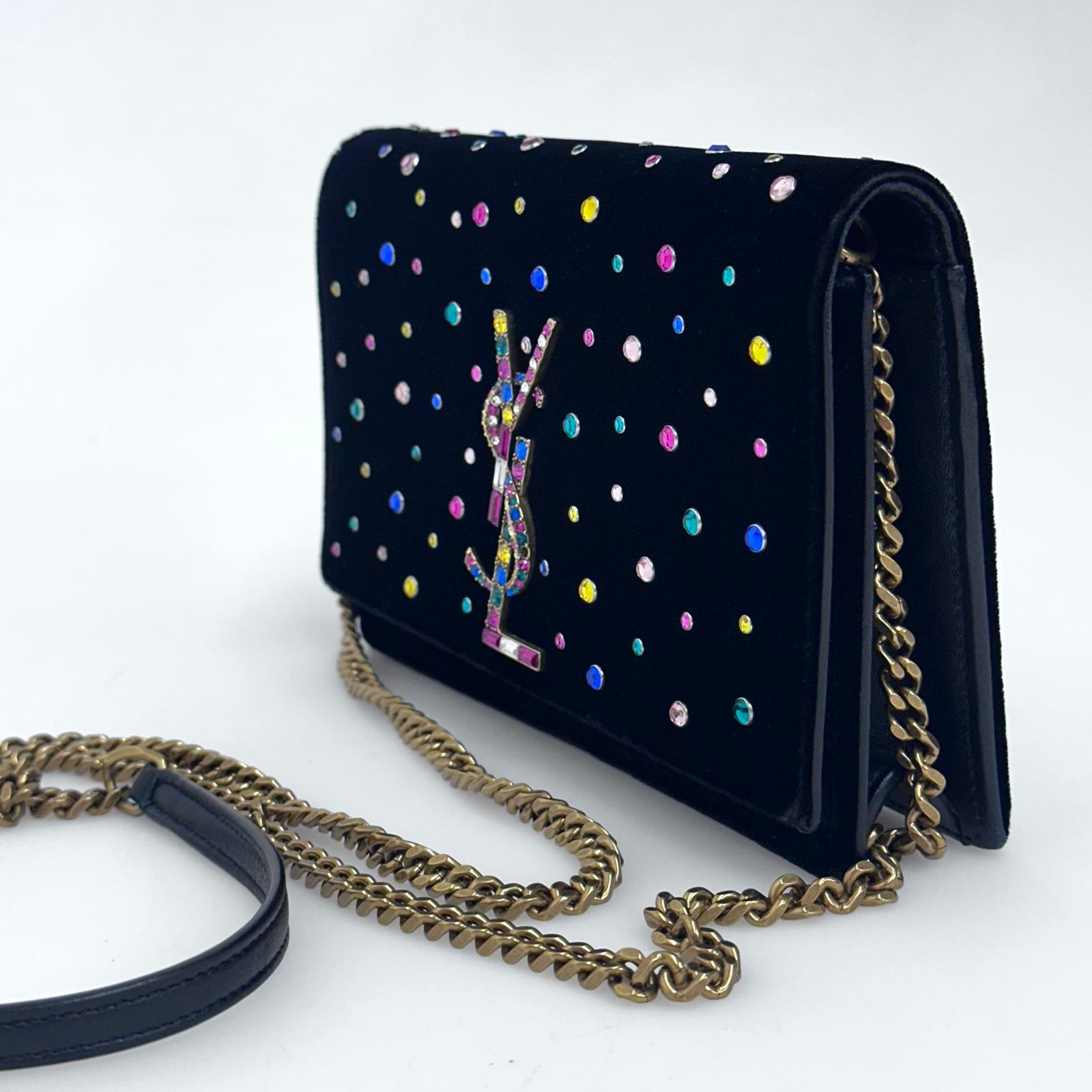 Saint Laurent Borsa Kate in velluto nero con strass multicolor