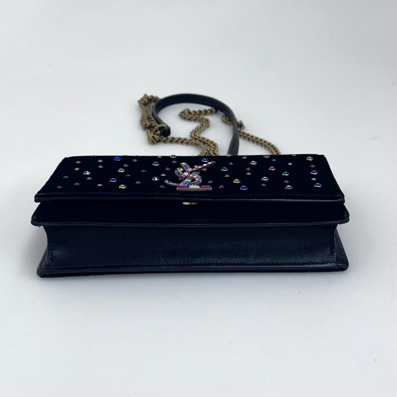 Saint Laurent Borsa Kate in velluto nero con strass multicolor