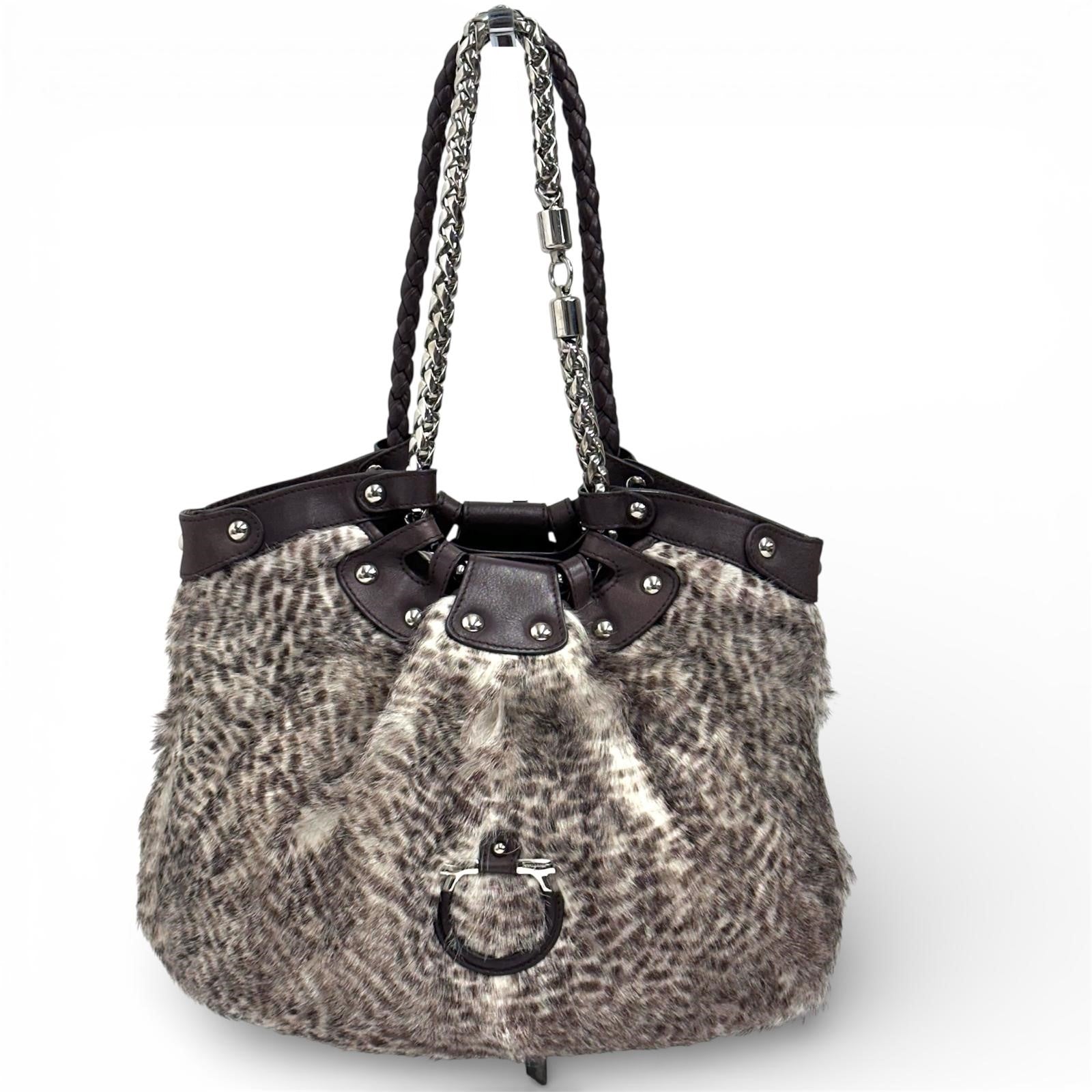 Salvatore Ferragamo borsa a spalla in pelliccia di lapin e pelle marrone