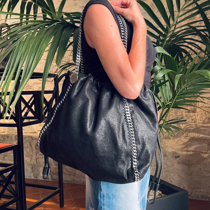 Stella McCartney Falabella Shopper Tote Nera e Ocra con Catena Argento