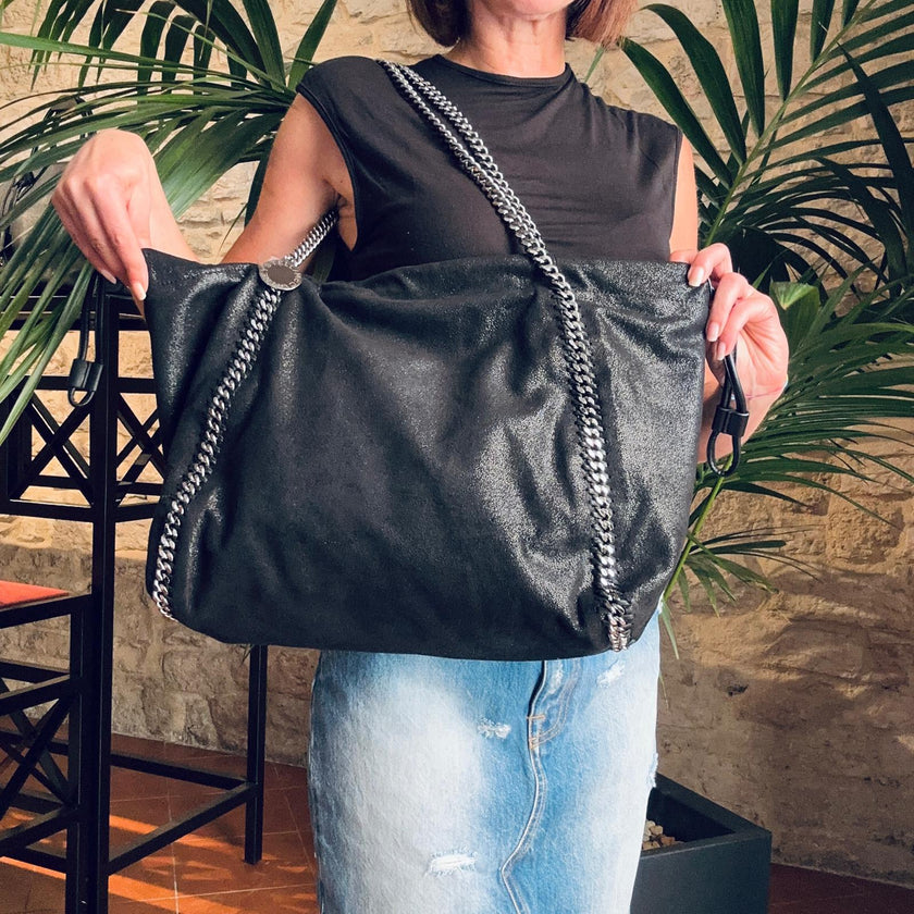 Stella McCartney Falabella Shopper Tote Nera e Ocra con Catena Argento