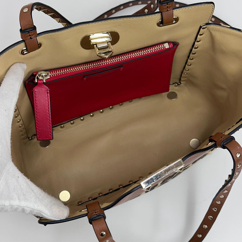 Valentino Garavani Borsa Rockstud Medium Leopard Canvas e Pelle con Tracolla
