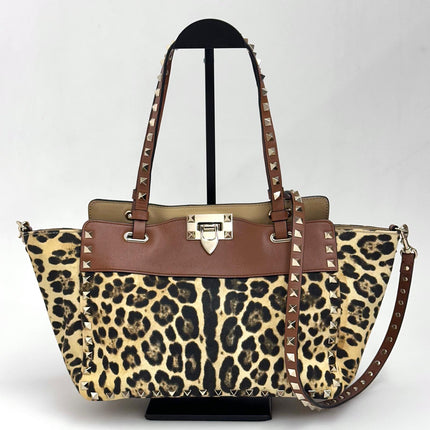 Valentino Garavani Borsa Rockstud Medium Leopard Canvas e Pelle con Tracolla